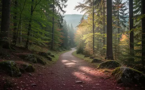 Ein naturbelassener Wanderweg im Erzgebirge, umgeben von herbstlichem Wald mit einfallendem Sonnenlicht. - Foto: über boerse-global.de