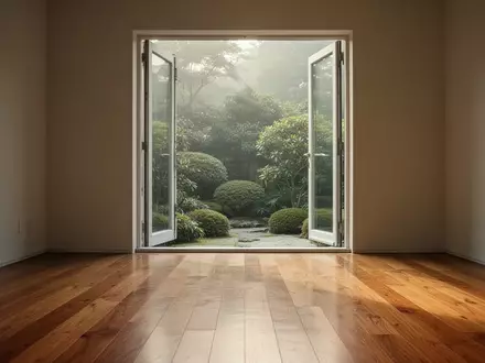 Ein ruhiger, minimalistischer Raum mit natürlichem Lichteinfall und Blick in einen Garten, der Ruhe und Achtsamkeit ausstrahlt. - Foto: über boerse-global.de