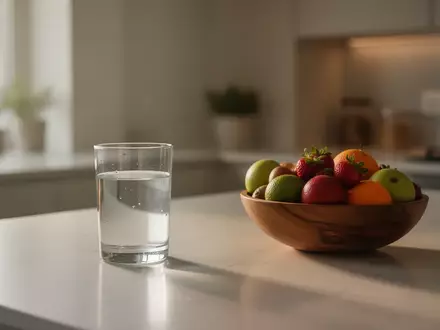 Ein minimalistisches Kücheninterieur mit einem Glas Wasser und einer Schale Obst in natürlichem Licht. - Foto: über boerse-global.de