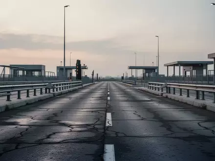 Eine leere, moderne Grenzübergangsstelle in der Dämmerung mit Asphalt und Sicherheitsbarrieren. - Foto: über boerse-global.de