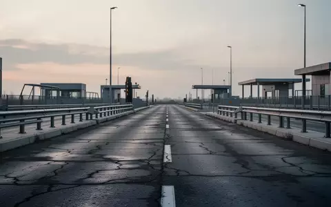 Eine leere, moderne Grenzübergangsstelle in der Dämmerung mit Asphalt und Sicherheitsbarrieren. - Foto: über boerse-global.de
