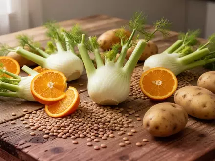 Frische Fenchelknollen, Orangen, Linsen und Kartoffeln auf einem rustikalen Holztisch in natürlichem Licht - Foto: über boerse-global.de