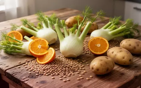 Frische Fenchelknollen, Orangen, Linsen und Kartoffeln auf einem rustikalen Holztisch in natürlichem Licht - Foto: über boerse-global.de