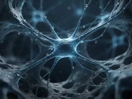 Mikroskopische Aufnahme von neuronalen Synapsen und biologischen Strukturen in einem dunklen, organischen Umfeld. - Foto: über boerse-global.de