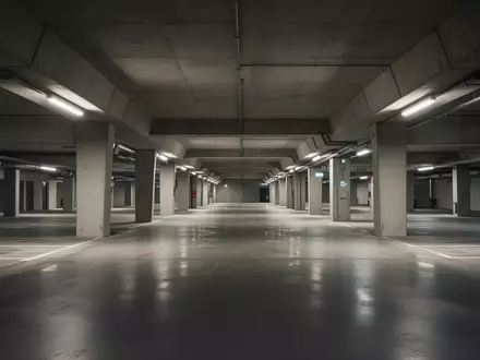 Leere, modern gestaltete Tiefgarage mit Betonpfeilern und reflektierendem Bodenbelag. - Foto: über boerse-global.de
