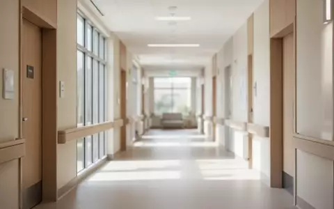 Ein heller, moderner Krankenhausflur mit freundlicher Atmosphäre und Tageslicht, ohne Personen. - Foto: über boerse-global.de