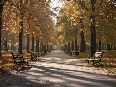Ein sonnendurchfluteter Parkweg mit herbstlichen Bäumen und leeren Parkbänken als Symbol für Lebensqualität im Alter. - Foto: über boerse-global.de