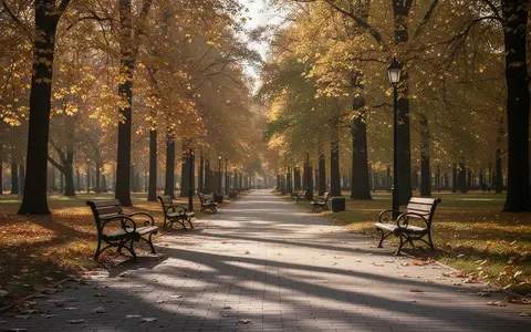 Ein sonnendurchfluteter Parkweg mit herbstlichen Bäumen und leeren Parkbänken als Symbol für Lebensqualität im Alter. - Foto: über boerse-global.de
