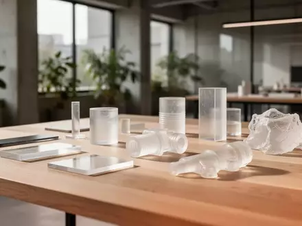 Ein heller, minimalistischer Design-Arbeitsplatz mit transluzenten Materialmustern und Prototypen auf einem Holztisch. - Foto: über boerse-global.de