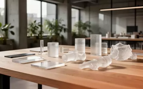 Ein heller, minimalistischer Design-Arbeitsplatz mit transluzenten Materialmustern und Prototypen auf einem Holztisch. - Foto: über boerse-global.de
