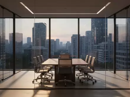 Ein minimalistisch gestalteter, leerer Konferenzraum in einem modernen Bürogebäude mit Blick auf eine nächtliche Stadt. - Foto: über boerse-global.de