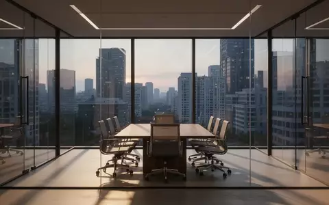 Ein minimalistisch gestalteter, leerer Konferenzraum in einem modernen Bürogebäude mit Blick auf eine nächtliche Stadt. - Foto: über boerse-global.de