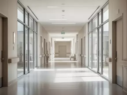 Ein heller, minimalistischer Krankenhausflur mit polierten Böden und natürlichem Lichteinfall. - Foto: über boerse-global.de