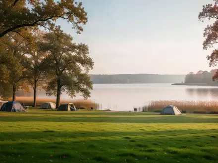 Weitläufige Wiesenlandschaft am Schwielowsee mit Bäumen und Blick auf das ruhige Wasser bei natürlichem Tageslicht. - Foto: über boerse-global.de