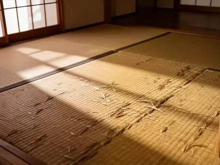 Nahaufnahme einer traditionellen japanischen Tatami-Matte aus Igusa-Gras in einem hellen, minimalistischen Raum. - Foto: über boerse-global.de