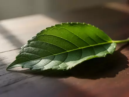 Ein grünes Blatt auf einem dunklen Holztisch in natürlichem Licht als Symbol für Gesundheit und Prävention. - Foto: über boerse-global.de