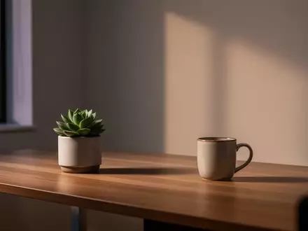 Ein minimalistischer, aufgeräumter Schreibtisch in einem Büro mit einer Pflanze und einer Kaffeetasse bei natürlichem Licht. - Foto: über boerse-global.de