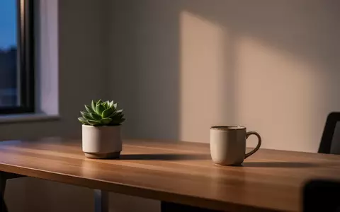 Ein minimalistischer, aufgeräumter Schreibtisch in einem Büro mit einer Pflanze und einer Kaffeetasse bei natürlichem Licht. - Foto: über boerse-global.de