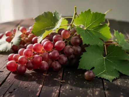 Frische rote Trauben und Weinblätter auf einem rustikalen Holztisch bei natürlichem Licht. - Foto: über boerse-global.de