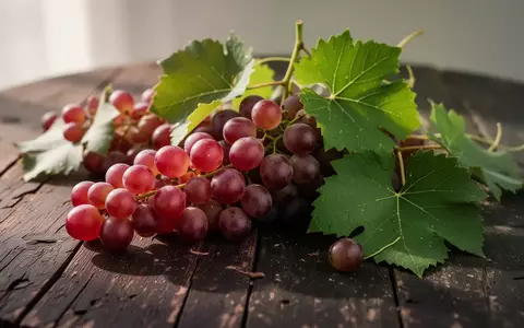 Frische rote Trauben und Weinblätter auf einem rustikalen Holztisch bei natürlichem Licht. - Foto: über boerse-global.de