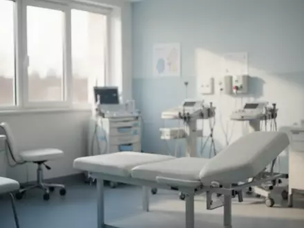 Ein heller, leerer Untersuchungsraum in einer Kinderklinik mit weichem Tageslicht. - Foto: über boerse-global.de