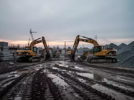 Ein verlassenes Baustellengelände in der Dämmerung mit abgestellten Baumaschinen auf unebenem Untergrund. - Foto: über boerse-global.de