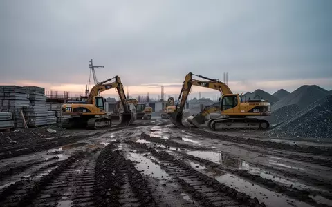 Ein verlassenes Baustellengelände in der Dämmerung mit abgestellten Baumaschinen auf unebenem Untergrund. - Foto: über boerse-global.de