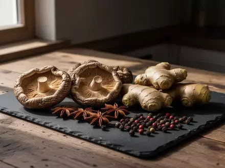 Frische Zutaten wie Shiitake-Pilze, Ingwer und Gewürze auf einer dunklen Arbeitsplatte in einer Küche. - Foto: über boerse-global.de