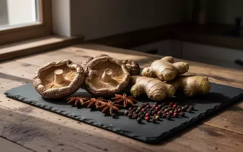 Frische Zutaten wie Shiitake-Pilze, Ingwer und Gewürze auf einer dunklen Arbeitsplatte in einer Küche. - Foto: über boerse-global.de