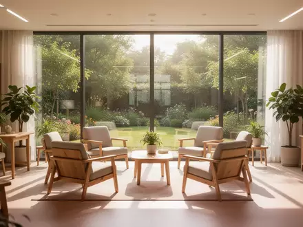 Ein heller, freundlicher Gemeinschaftsraum in einer Senioreneinrichtung mit Blick in einen sonnigen Garten. - Foto: über boerse-global.de