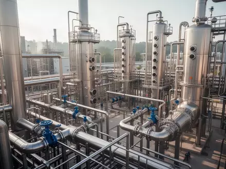 Industrielle Chemieanlage mit Edelstahlrohren und Produktionsanlagen bei Tageslicht. - Foto: über boerse-global.de