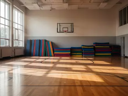 Eine leere, helle Schulturnhalle mit poliertem Holzboden und ordentlich gestapelten Sportmatten. - Foto: über boerse-global.de