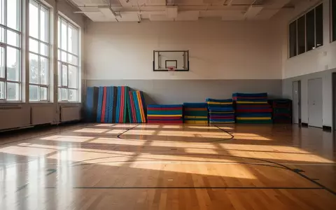 Eine leere, helle Schulturnhalle mit poliertem Holzboden und ordentlich gestapelten Sportmatten. - Foto: über boerse-global.de