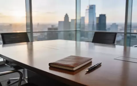 Ein minimalistischer Konferenzraum mit Blick auf ein Finanzviertel bei Sonnenaufgang, Fokus auf einen Schreibtisch. - Foto: über boerse-global.de