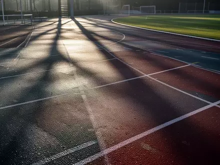 Leere, moderne Leichtathletikbahn am frühen Morgen mit langen Schatten - Foto: über boerse-global.de