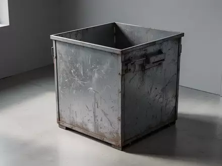 Ein leerer, industrieller Sammelbehälter aus Metall steht in einem hellen, minimalistischen Lagerraum. - Foto: über boerse-global.de