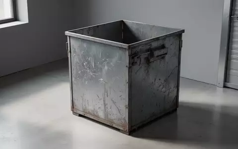 Ein leerer, industrieller Sammelbehälter aus Metall steht in einem hellen, minimalistischen Lagerraum. - Foto: über boerse-global.de
