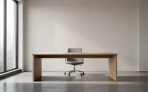 Ein minimalistischer, leerer Büroarbeitsplatz mit einem Holztisch und weichem Tageslicht. - Foto: über boerse-global.de