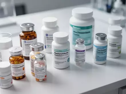 Verschiedene Medikamentenflaschen und Wellness-Produkte auf einem sauberen Labortisch. - Foto: über boerse-global.de