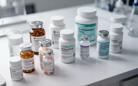 Verschiedene Medikamentenflaschen und Wellness-Produkte auf einem sauberen Labortisch. - Foto: über boerse-global.de