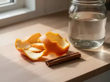 Frische Orangenschalen und eine Zimtstange auf einer hölzernen Küchenarbeitsplatte neben einem Glasgefäß. - Foto: über boerse-global.de