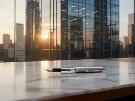 Modernes Bürogebäude im Finanzviertel bei Sonnenuntergang mit Fokus auf eine minimalistische Schreibtischoberfläche. - Foto: über boerse-global.de