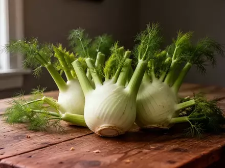 Frische Fenchelknollen mit grünem Kraut auf einem rustikalen Holztisch im herbstlichen Tageslicht. - Foto: über boerse-global.de