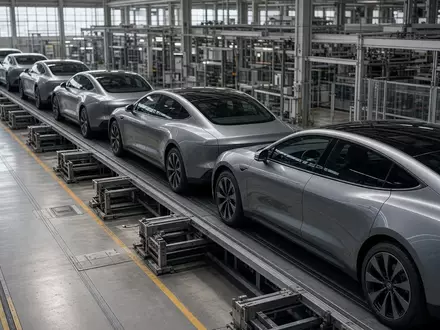 Moderne Produktionshalle für Elektrofahrzeuge mit einer Montagelinie, auf der unmarkierte Elektroautos gefertigt werden. - Foto: über boerse-global.de