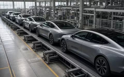 Moderne Produktionshalle für Elektrofahrzeuge mit einer Montagelinie, auf der unmarkierte Elektroautos gefertigt werden. - Foto: über boerse-global.de