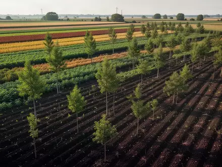 Weite Ackerlandschaft mit Agroforstsystem aus jungen Baumreihen und verschiedenen Kulturen auf fruchtbarem Boden. - Foto: über boerse-global.de