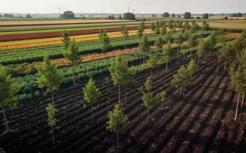 Weite Ackerlandschaft mit Agroforstsystem aus jungen Baumreihen und verschiedenen Kulturen auf fruchtbarem Boden. - Foto: über boerse-global.de