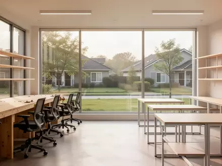 Ein heller, moderner Gemeinschaftsraum mit Holztischen und großen Fenstern in einer ruhigen Umgebung. - Foto: über boerse-global.de