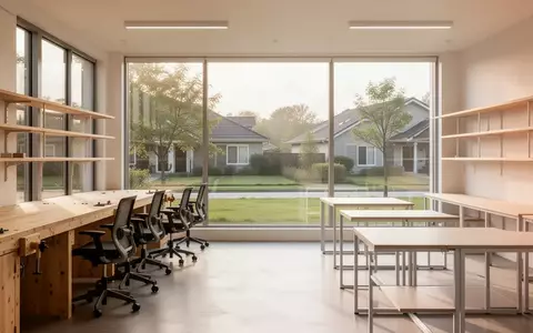 Ein heller, moderner Gemeinschaftsraum mit Holztischen und großen Fenstern in einer ruhigen Umgebung. - Foto: über boerse-global.de