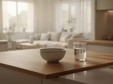 Eine minimalistische, helle Küche mit einer Keramikschale auf einer Holzarbeitsplatte bei natürlichem Tageslicht. - Foto: über boerse-global.de